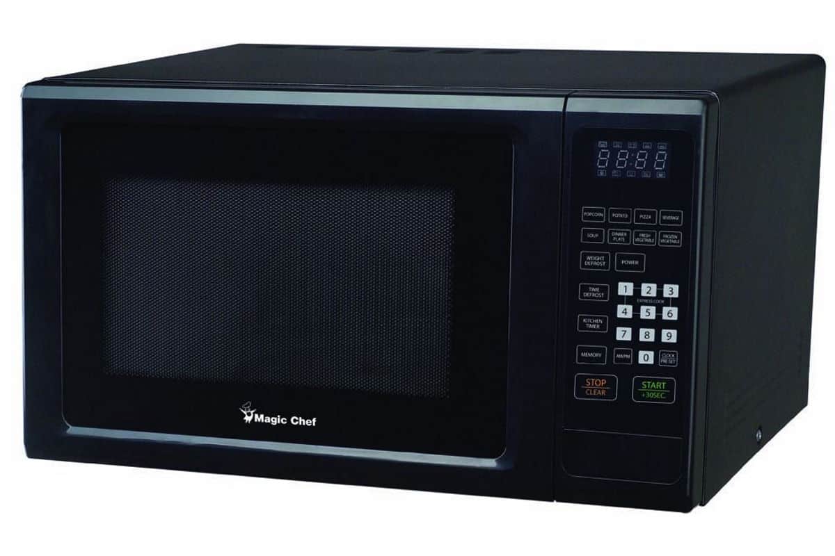 A product image of a black Magic Chef microwave